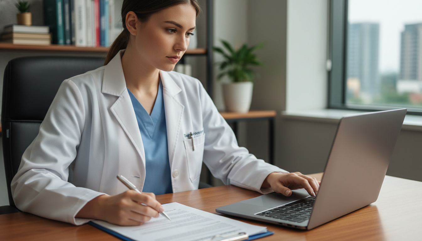 Resident reviewing preliminary medicine residency contract details on laptop Resident reviewing preliminary medicine residency contract details on laptop - preliminary medicine year for Physician Contra