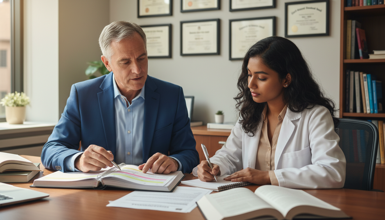 Mentor and unmatched medical graduate reviewing residency application Mentor and unmatched medical graduate reviewing residency application - preliminary medicine year for Failed Match Recovery i