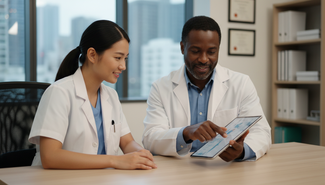 Medical student receiving mentorship from an internal medicine physician Medical student receiving mentorship from an internal medicine physician - preliminary medicine year for Surviving First Year