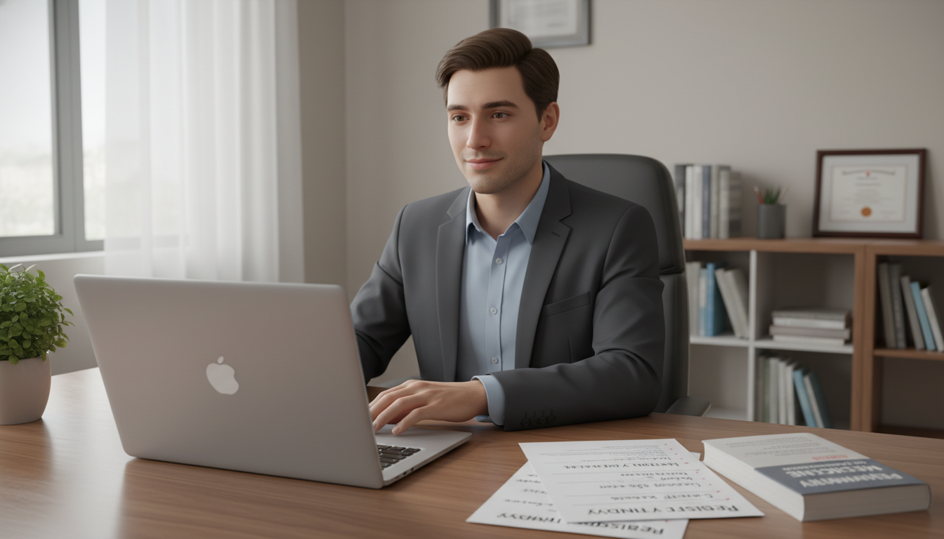 Residency applicant in suit practicing for a virtual interview - preliminary medicine year for Low Step Score Strategies in P