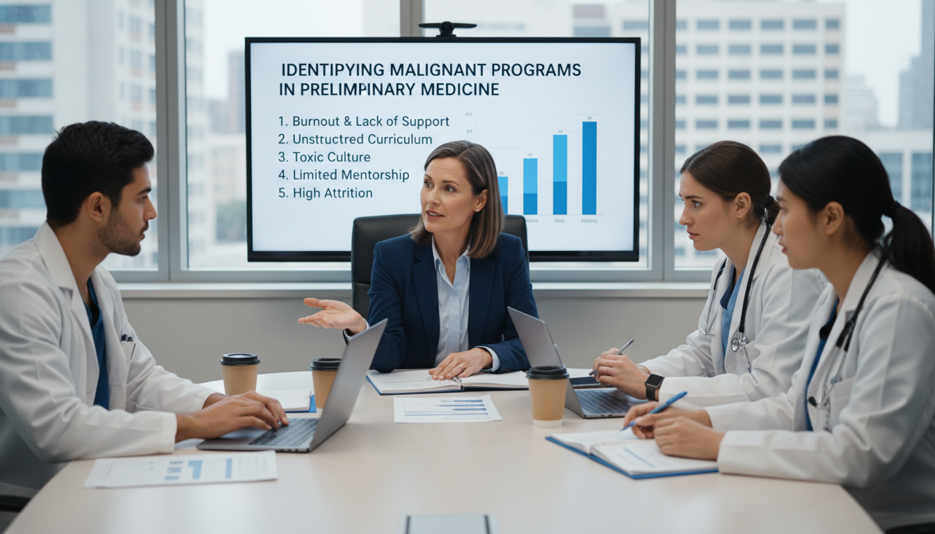 Residency program director meeting with residents and discussing wellness Residency program director meeting with residents and discussing wellness - preliminary medicine year for Identifying Maligna