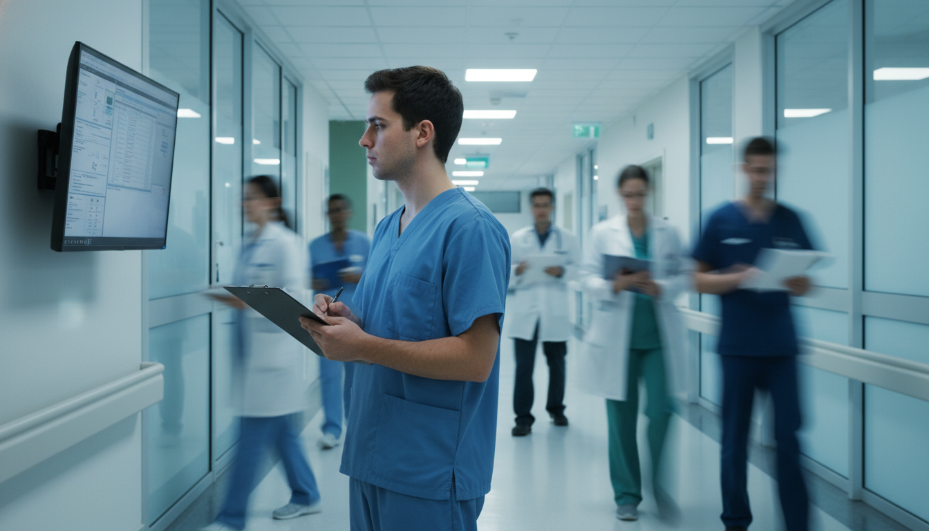 Medical resident on a busy hospital ward reflecting on workload Medical resident on a busy hospital ward reflecting on workload - preliminary medicine year for Identifying Malignant Program