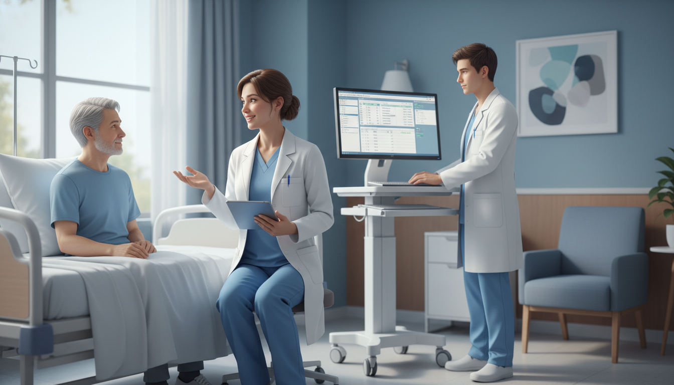 Preliminary medicine resident speaking with a patient and documenting in the chart - preliminary medicine year for Malpractic