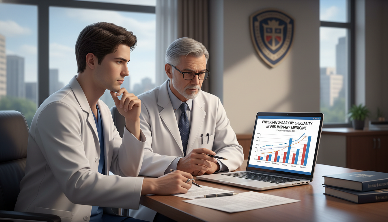 Preliminary medicine resident meeting with mentor to discuss specialty choices and salary Preliminary medicine resident meeting with mentor to discuss specialty choices and salary - preliminary medicine year for Phy