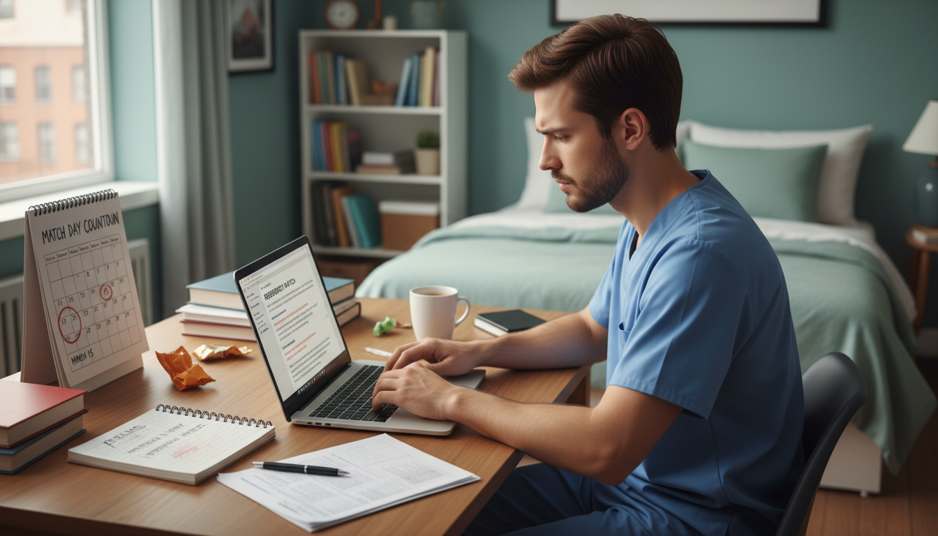 Medical resident checking email for residency program communication on a laptop Medical resident checking email for residency program communication on a laptop - preliminary medicine year for Pre-Match Com