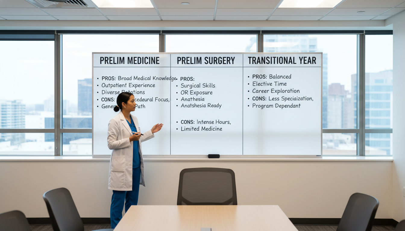 Resident weighing different preliminary year options on a whiteboard Resident weighing different preliminary year options on a whiteboard - preliminary medicine year for Preliminary Year Selecti