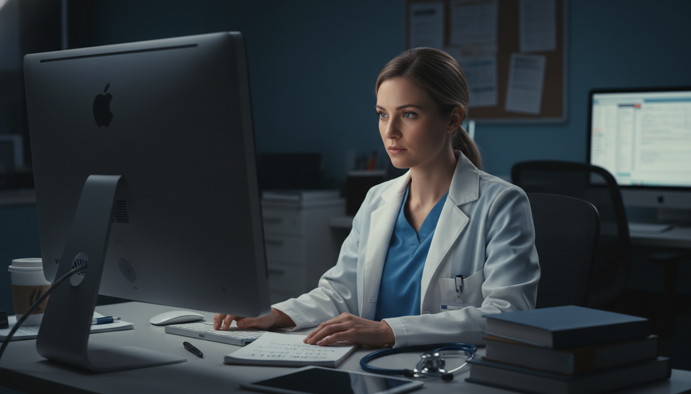 Resident in internal medicine night shift reviewing patient charts - preliminary medicine year for Program Selection Strategy