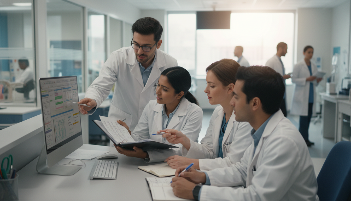 Preliminary medicine residents discussing patient cases and schedules - preliminary medicine year for Questions to Ask Progra