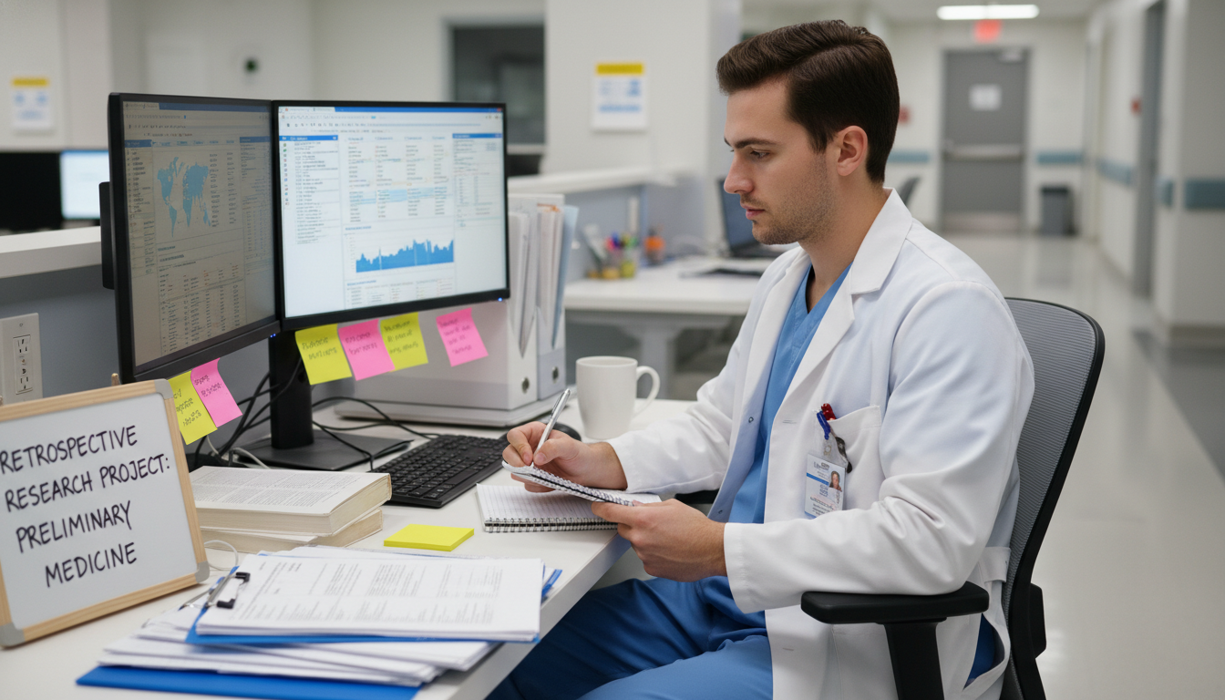Resident reviewing clinical data for retrospective research Resident reviewing clinical data for retrospective research - preliminary medicine year for Research During Residency in Prel