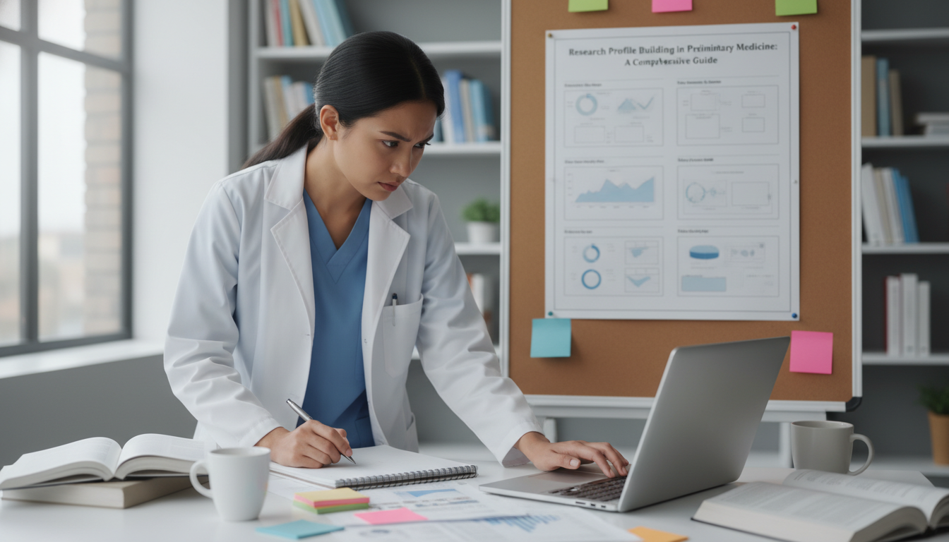 Medical resident working on a research poster for a conference Medical resident working on a research poster for a conference - preliminary medicine year for Research Profile Building in P