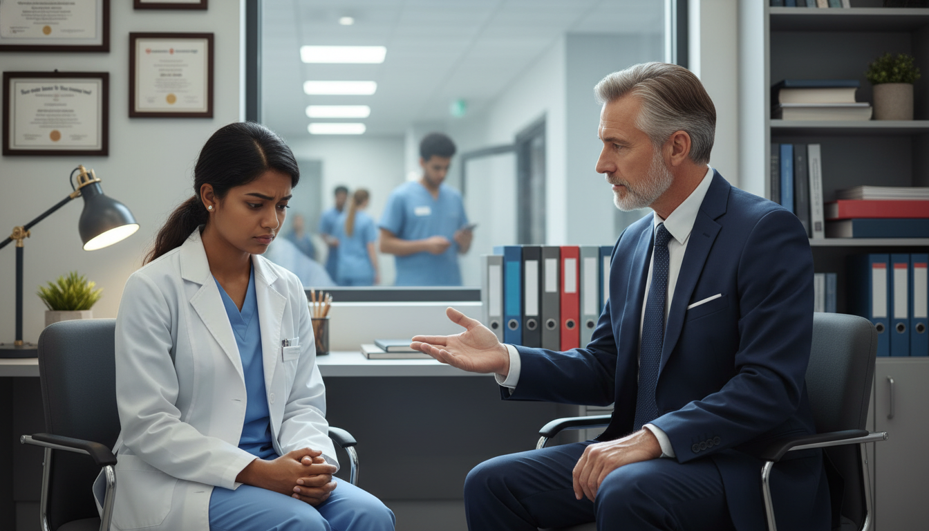 Medical resident speaking privately with a mentor in an office Medical resident speaking privately with a mentor in an office - preliminary medicine year for Resident Turnover Warning Sign