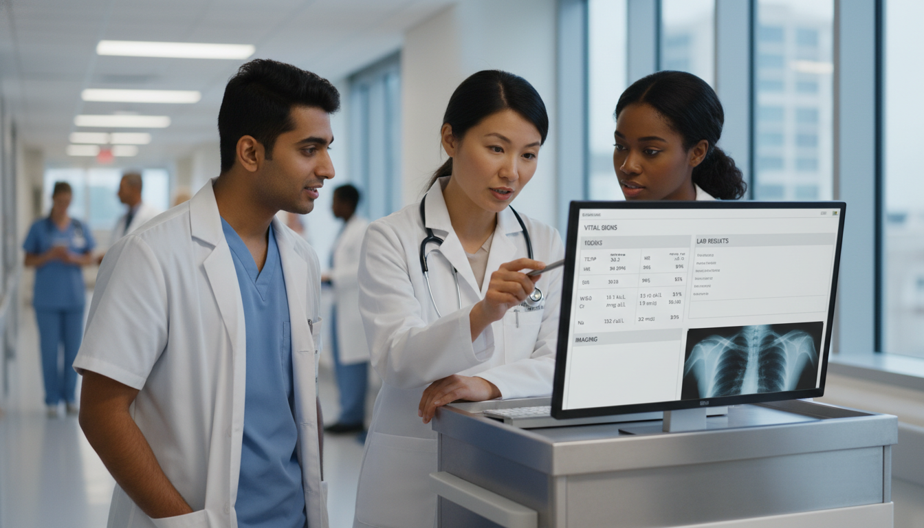 Internal medicine team discussing a patient case that resembles a Step 2 CK question Internal medicine team discussing a patient case that resembles a Step 2 CK question - preliminary medicine year for USMLE St