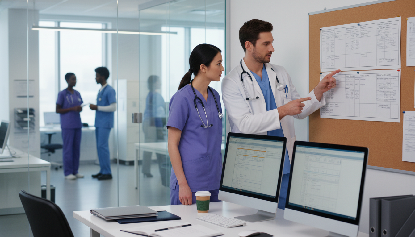 Internal medicine residents reviewing schedules and discussing duty hours Internal medicine residents reviewing schedules and discussing duty hours - preliminary medicine year for Work-Life Balance A