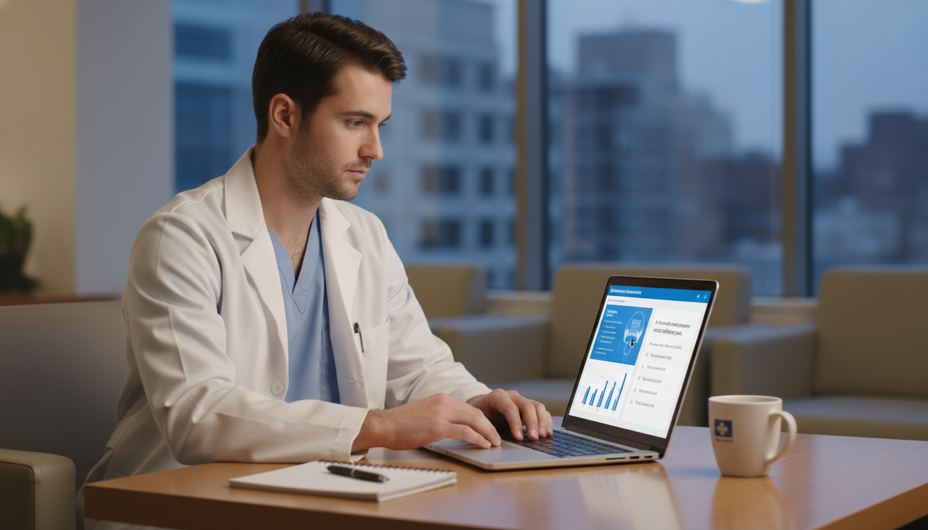 Surgical resident using a laptop question bank in hospital lounge - preliminary surgery year for Board Exam Study Resources i