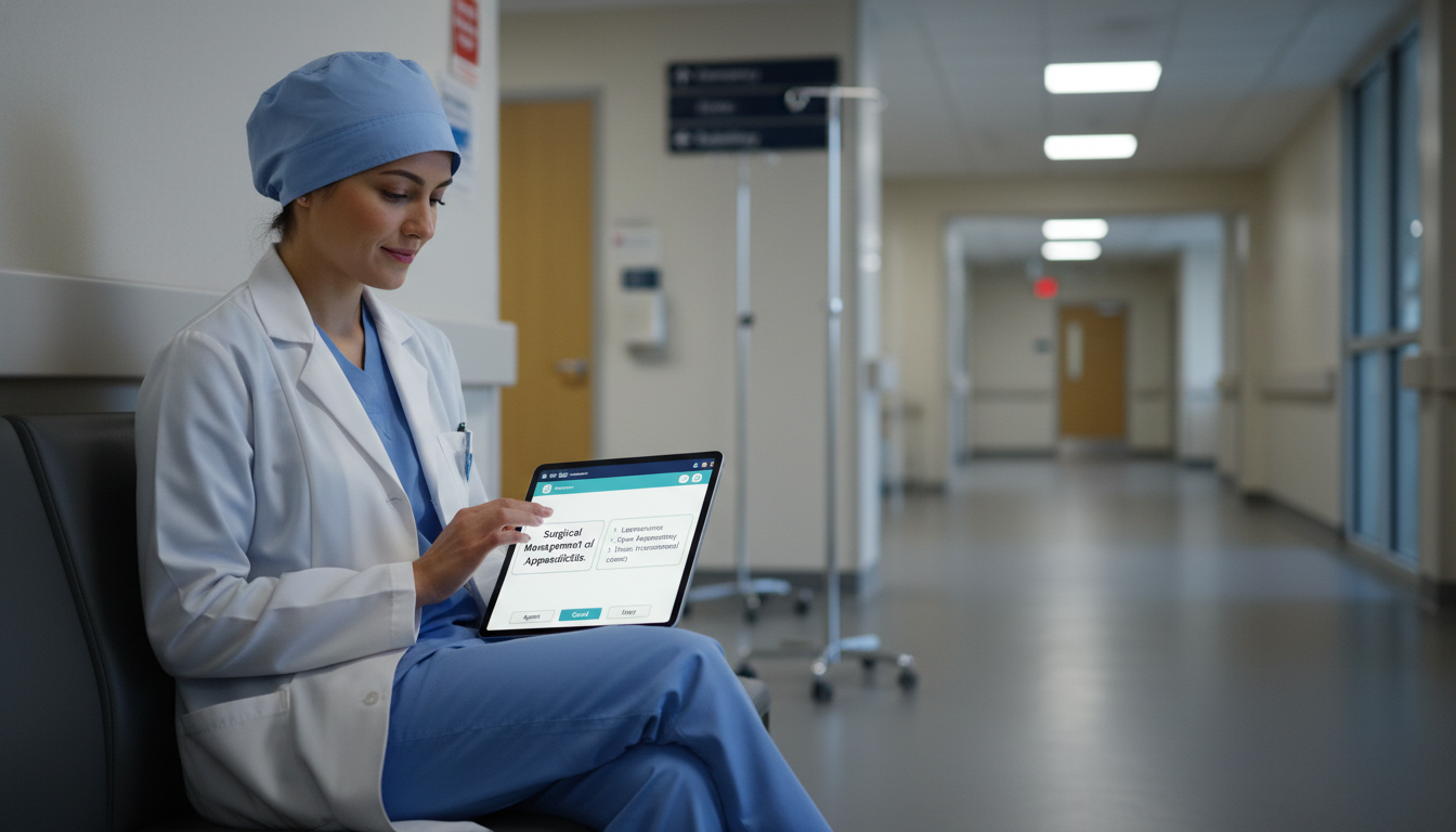 Resident reviewing Anki flashcards on tablet during short break - preliminary surgery year for Board Exam Study Resources in