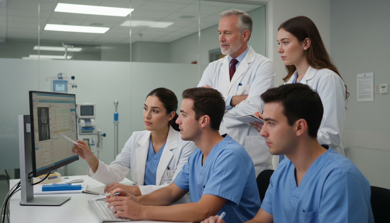Surgical team discussing patient care around a computer workstation Surgical team discussing patient care around a computer workstation - preliminary surgery year for Excelling in Clinical Rota