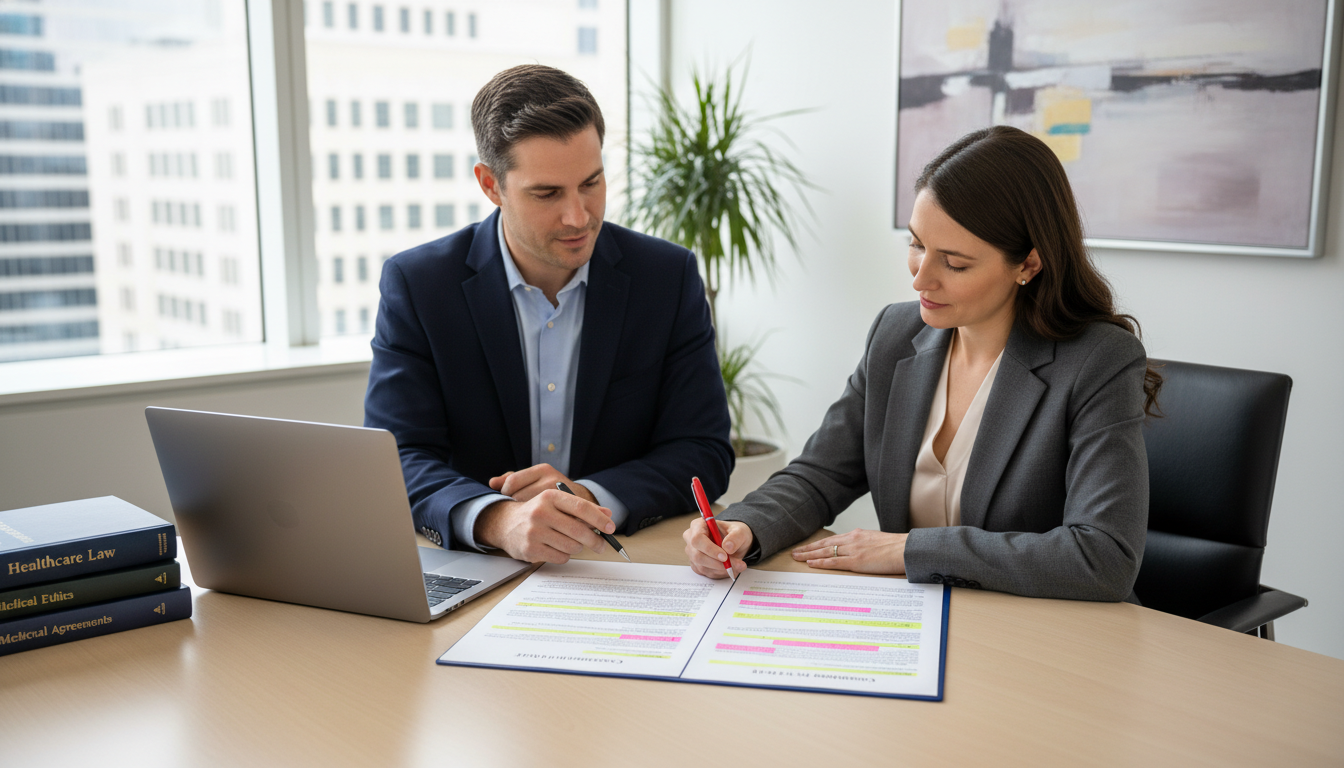 Physician and attorney reviewing a medical employment contract Physician and attorney reviewing a medical employment contract - preliminary surgery year for Physician Contract Negotiation