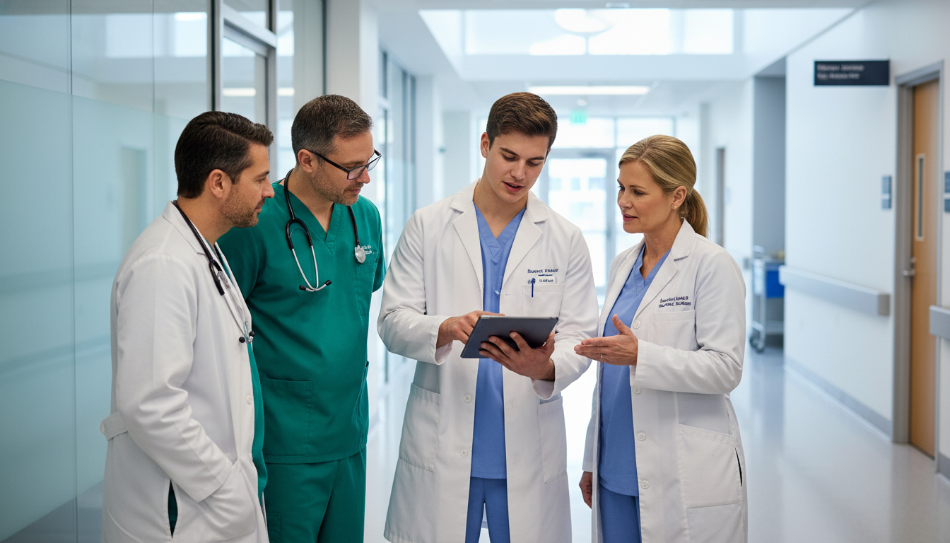 Surgical sub-intern participating in rounds with residents and attending Surgical sub-intern participating in rounds with residents and attending - preliminary surgery year for CV Building in Prelim