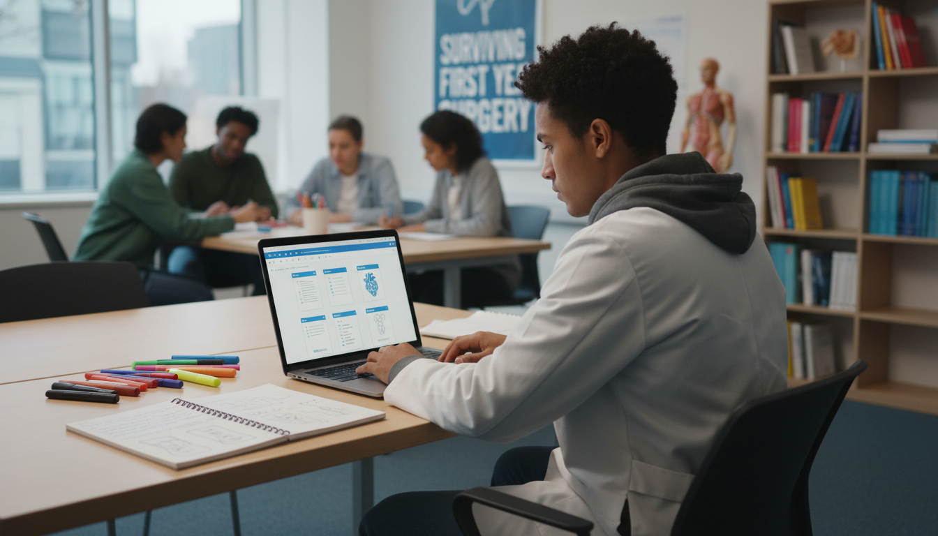 Medical student using spaced repetition flashcards on laptop Medical student using spaced repetition flashcards on laptop - preliminary surgery year for Surviving First Year of Med Schoo