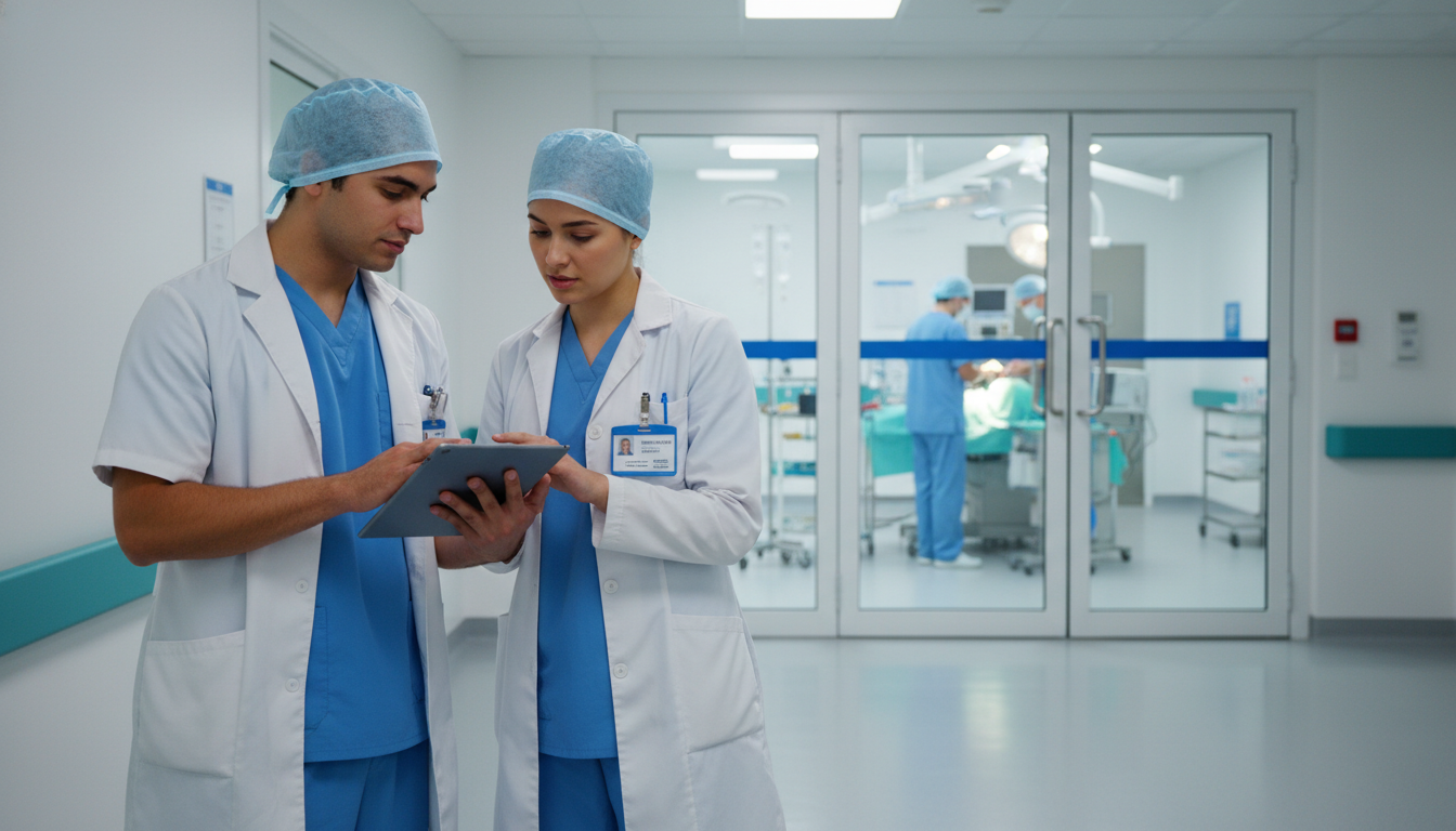 Surgery residents discussing cases in a hospital hallway - preliminary surgery year for Common Interview Questions in Prelimi