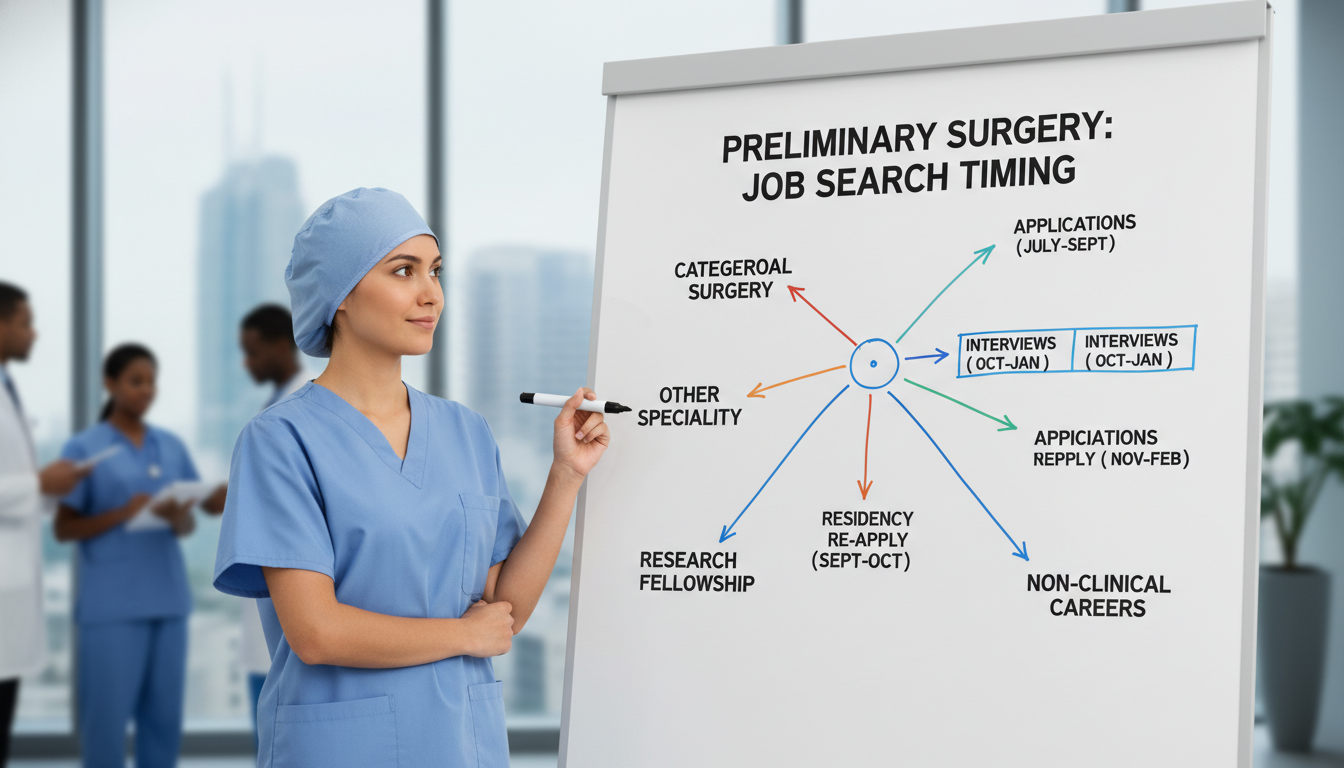 Surgery resident outlining multiple career scenarios on whiteboard Surgery resident outlining multiple career scenarios on whiteboard - preliminary surgery year for Job Search Timing in Prelim