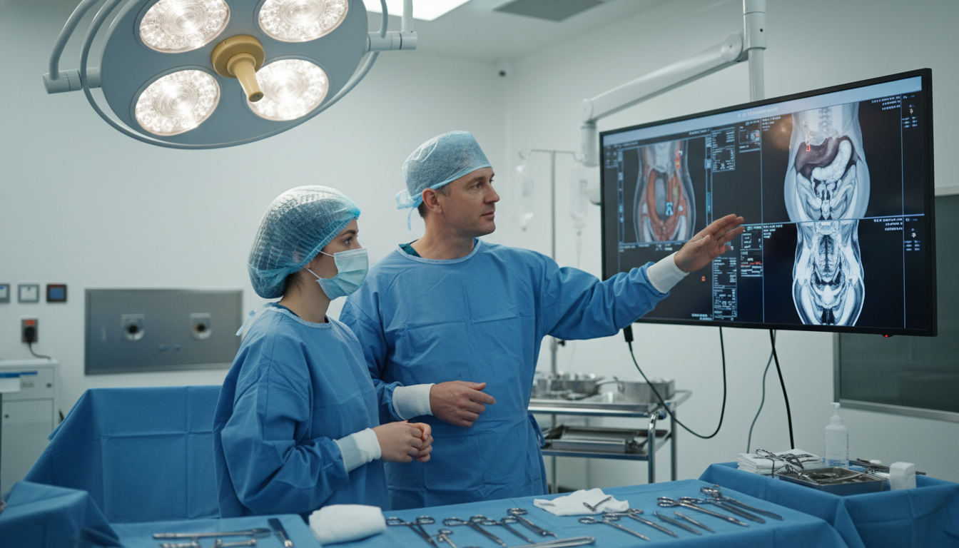 Surgical resident and attending in OR preparing for a case - preliminary surgery year for Low Step Score Strategies in Prelim