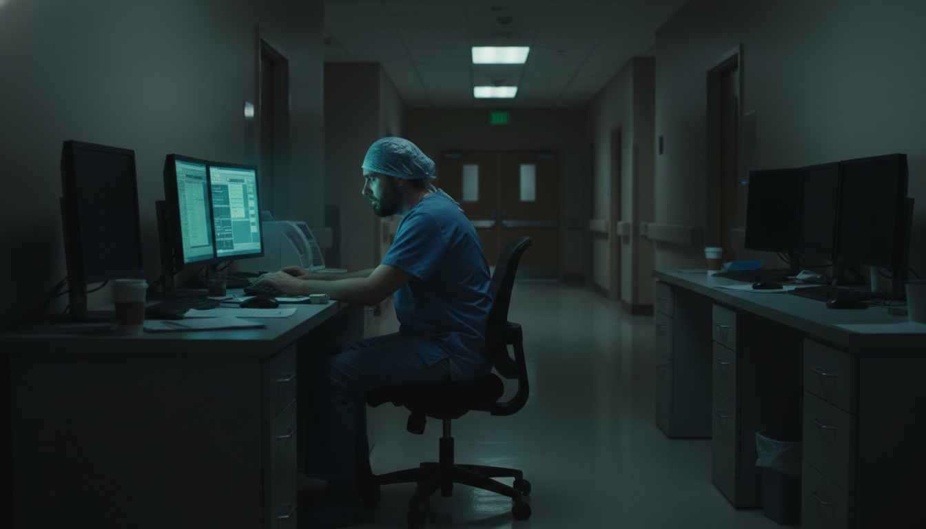 Surgical resident looking fatigued while reviewing charts at a hospital workstation Surgical resident looking fatigued while reviewing charts at a hospital workstation - preliminary surgery year for Identifyin