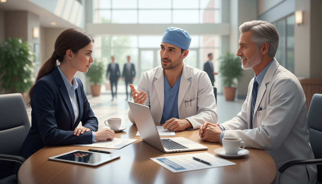 Medical student interviewing with a surgical resident and faculty member Medical student interviewing with a surgical resident and faculty member - preliminary surgery year for Identifying Malignant