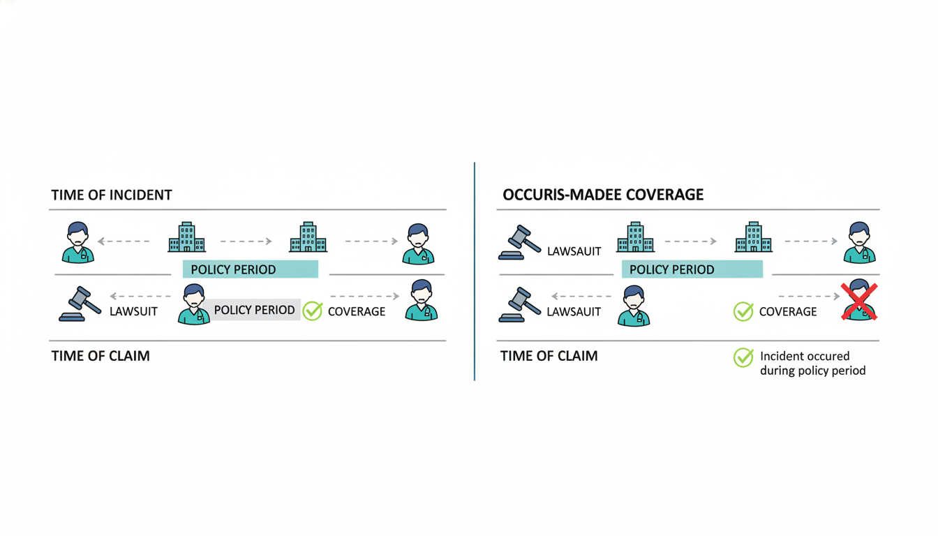 Diagram explaining claims-made vs occurrence malpractice policies Diagram explaining claims-made vs occurrence malpractice policies - preliminary surgery year for Malpractice Insurance Guide