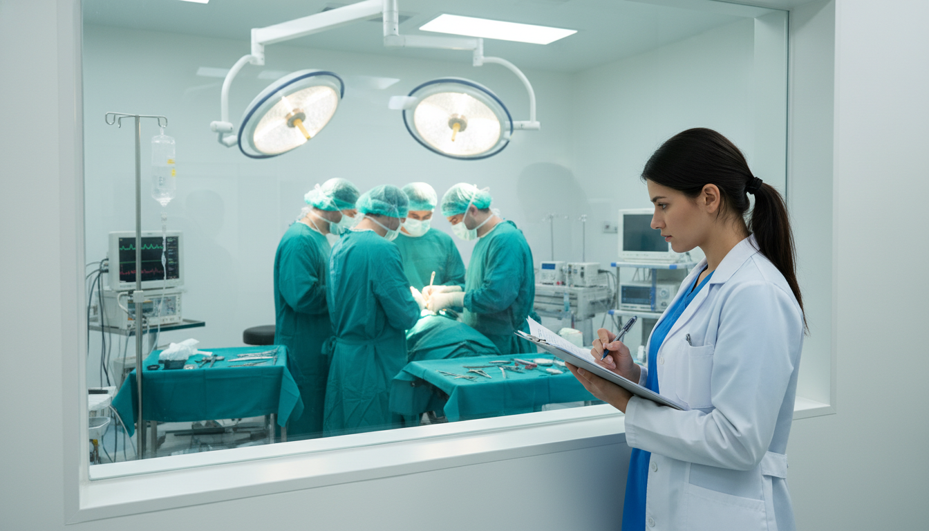 Medical student observing a surgical operation from the viewing area Medical student observing a surgical operation from the viewing area - preliminary surgery year for Medical Shadowing Experie