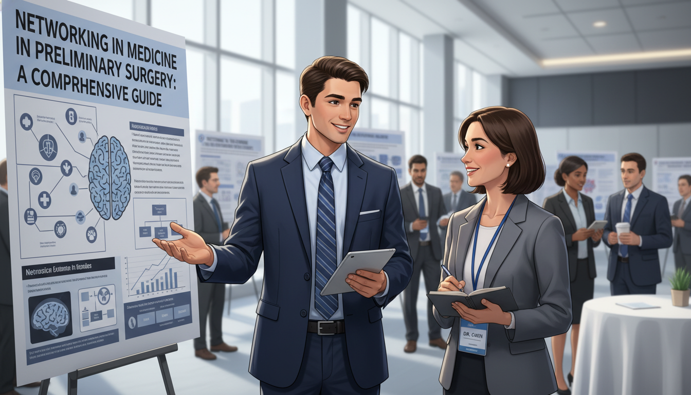 Surgical resident networking at a medical conference poster session Surgical resident networking at a medical conference poster session - preliminary surgery year for Networking in Medicine in