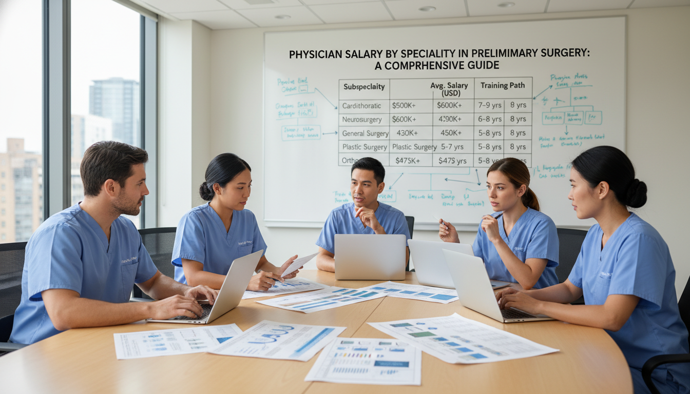 Group of surgical residents discussing subspecialty choices and career paths Group of surgical residents discussing subspecialty choices and career paths - preliminary surgery year for Physician Salary