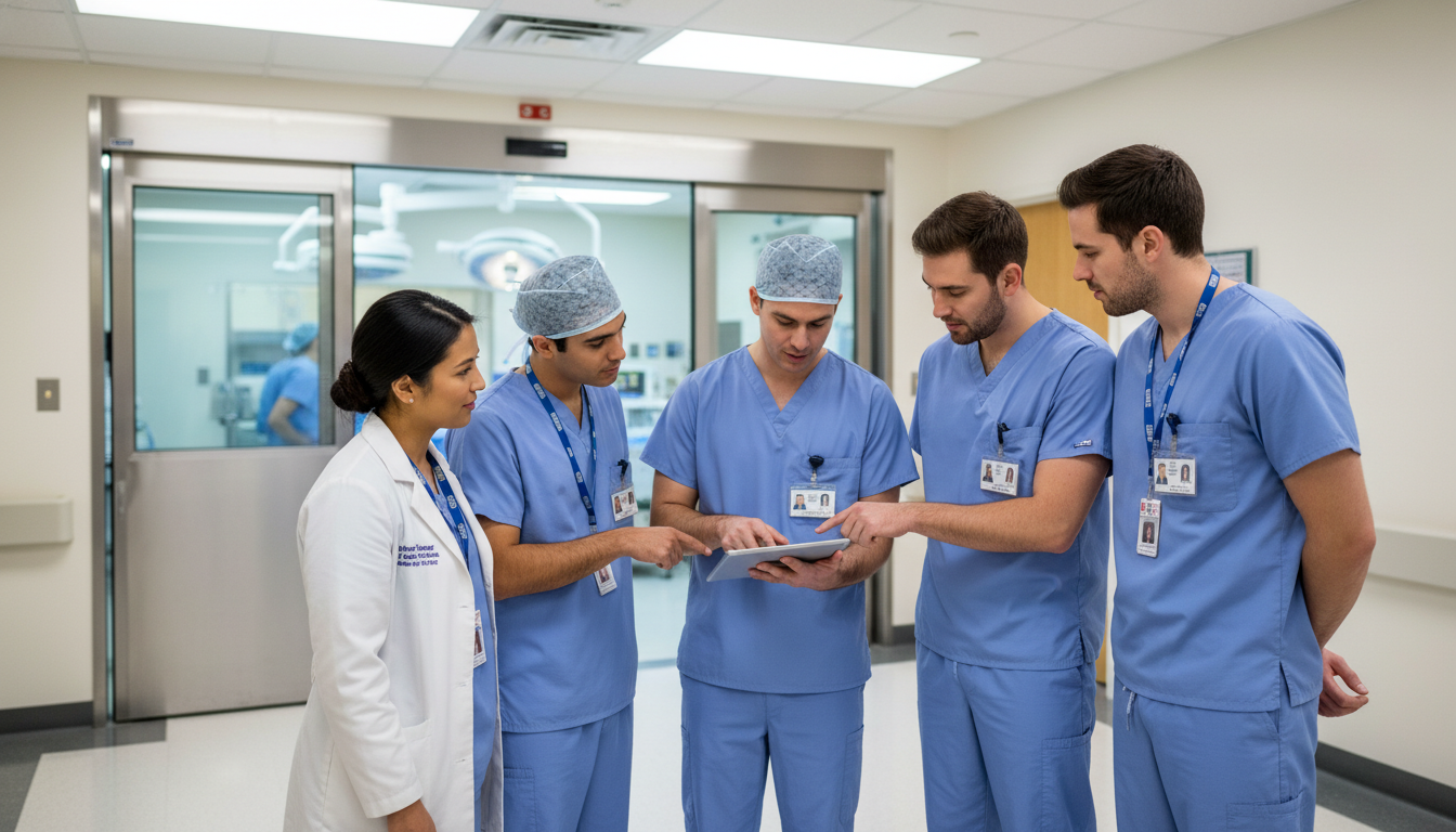 Surgical residents collaborating in a busy hospital corridor - preliminary surgery year for Pre-Match Communication in Prelim