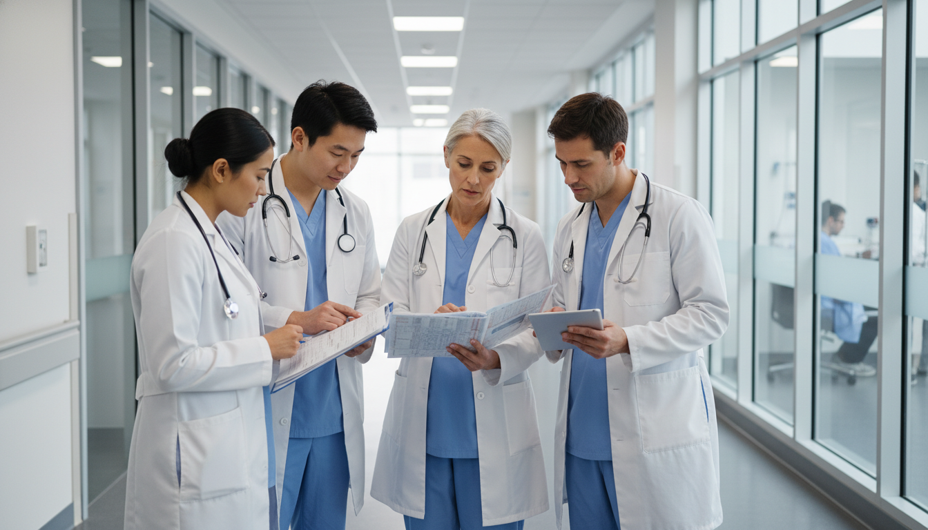 Surgery resident team collaborating in hospital ward - preliminary surgery year for Pre-Med Preparation in Preliminary Surger