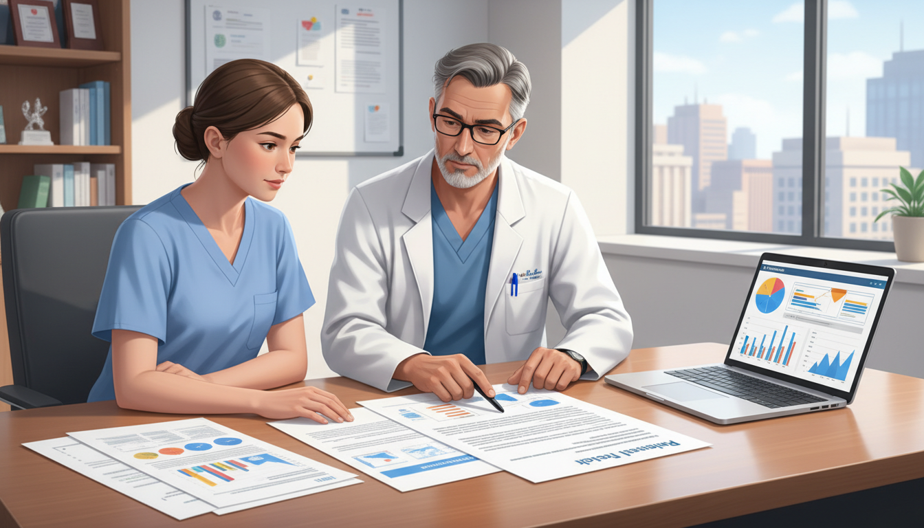 Surgical resident meeting with research mentor in hospital office Surgical resident meeting with research mentor in hospital office - preliminary surgery year for Research Profile Building in