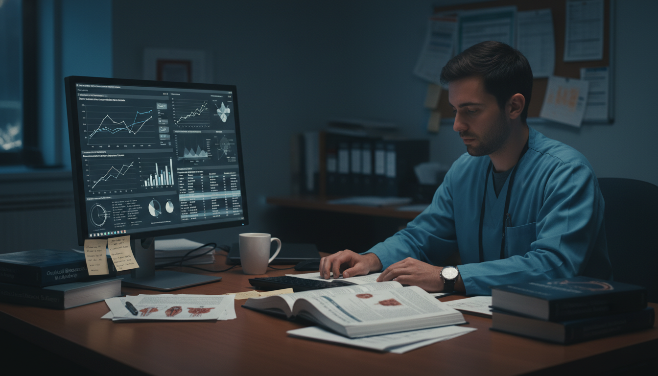 Surgical resident analyzing outcomes data on a computer screen Surgical resident analyzing outcomes data on a computer screen - preliminary surgery year for Research Profile Building in Pr