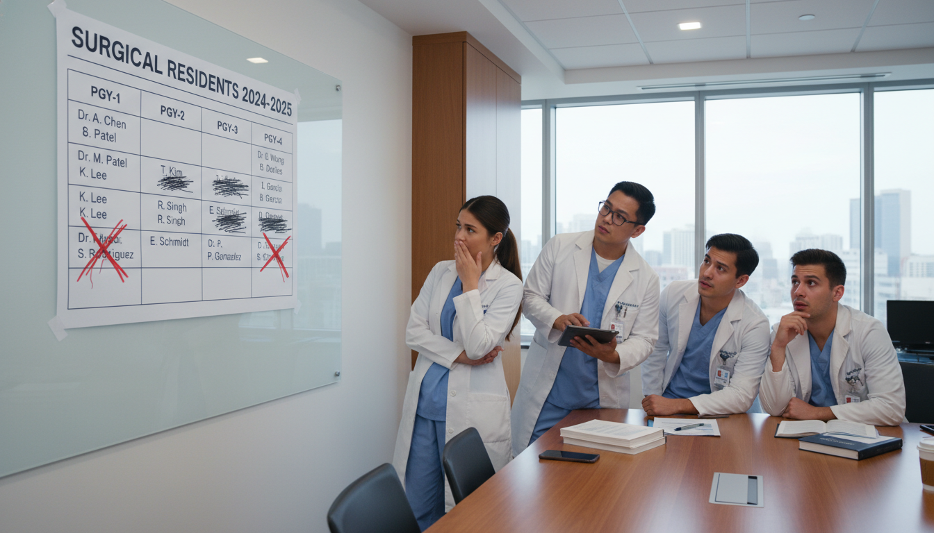 Surgery program orientation board with missing residents Surgery program orientation board with missing residents - preliminary surgery year for Resident Turnover Warning Signs in Pr