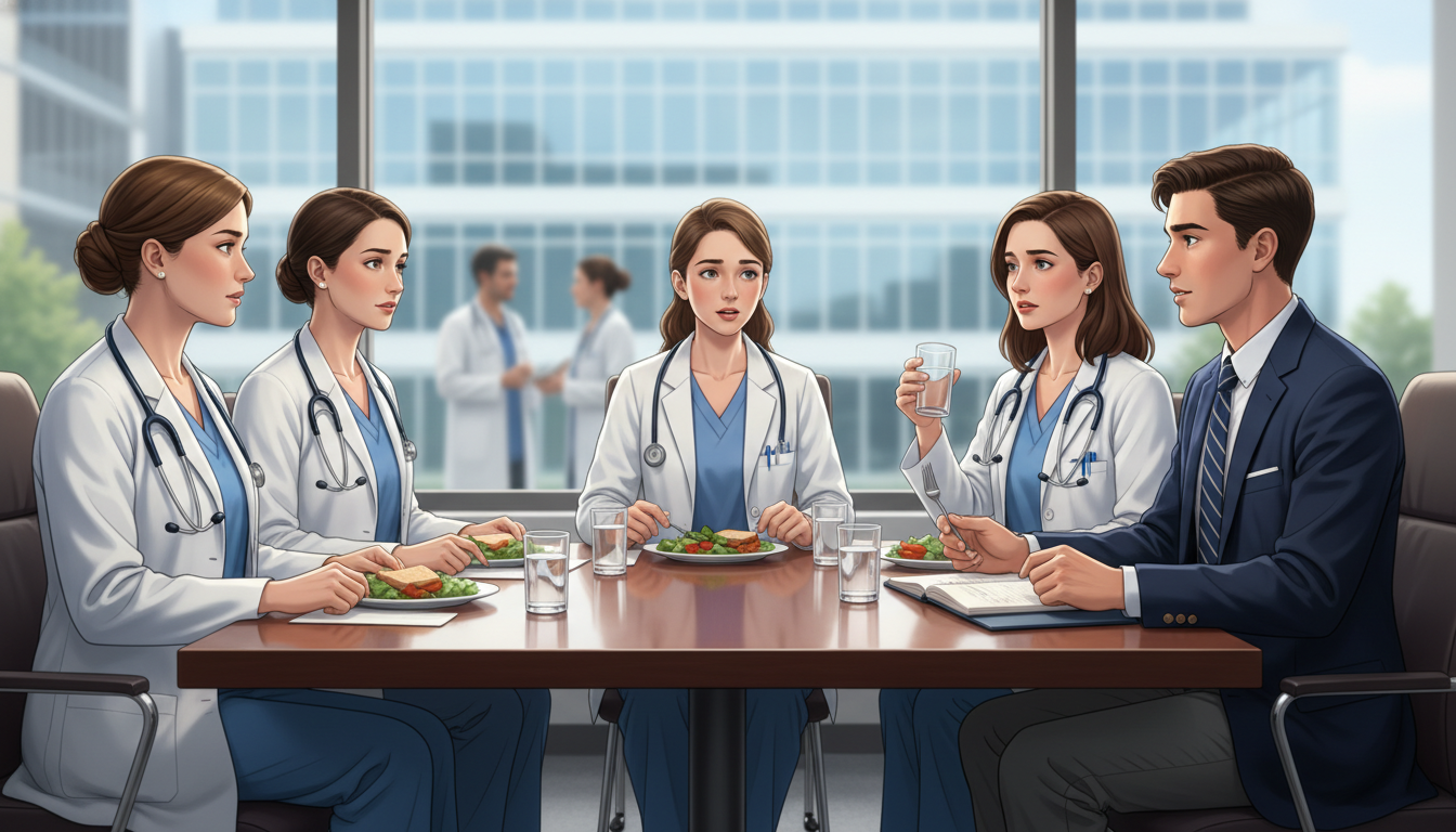 Medical student speaking with surgical residents on interview day Medical student speaking with surgical residents on interview day - preliminary surgery year for Resident Turnover Warning Si