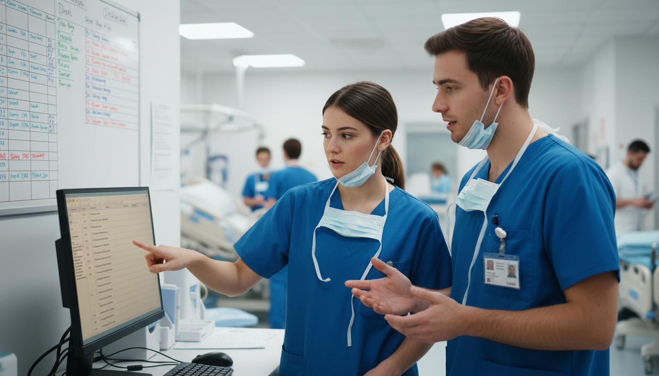 Surgical residents reviewing a patient list during morning sign-out - preliminary surgery year for Managing Residency Work Ho