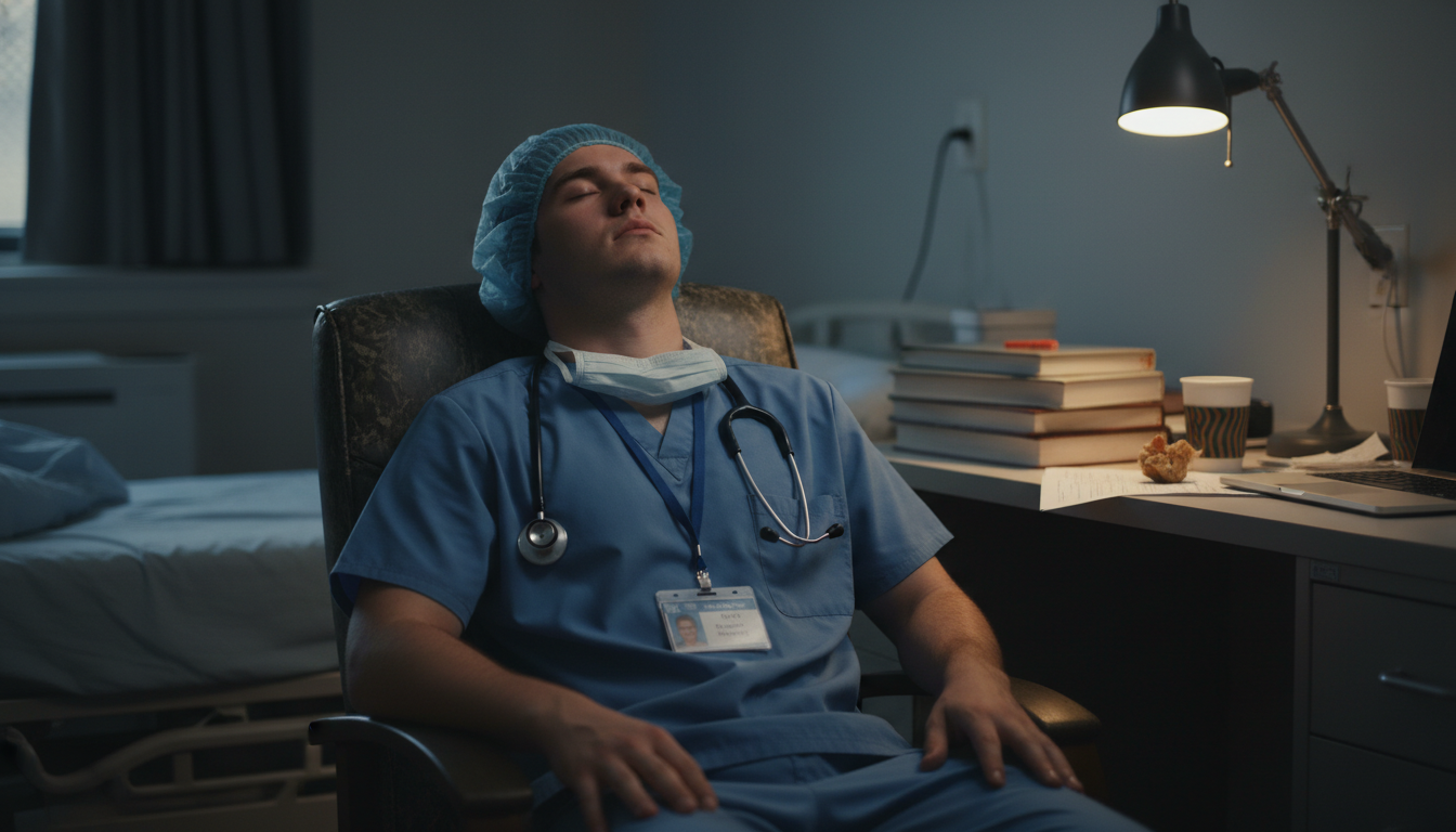 Surgical resident resting in a call room during a break - preliminary surgery year for Managing Residency Work Hours in Preli