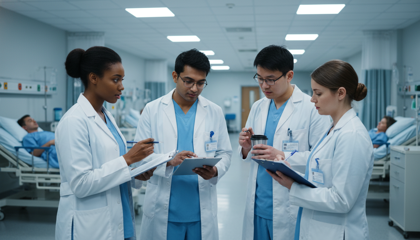Surgical interns during pre-rounds in a busy hospital ward Surgical interns during pre-rounds in a busy hospital ward - preliminary surgery year for Work-Life Balance Assessment in Pre