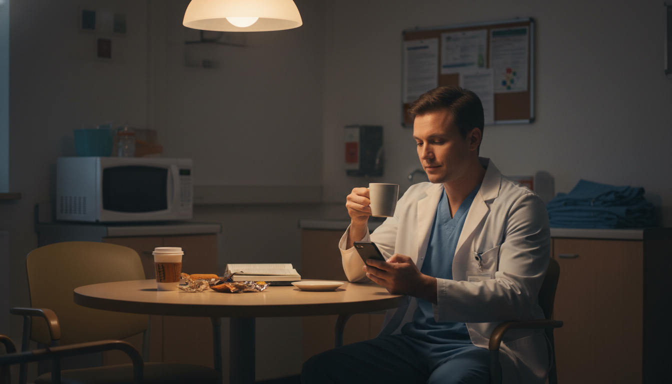 Surgical resident taking a brief break with coffee Surgical resident taking a brief break with coffee - preliminary surgery year for Work-Life Balance Assessment in Preliminary