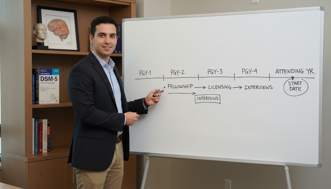 Psychiatry resident mapping job search timeline on whiteboard - psychiatry residency for Job Search Timing in Psychiatry: A C