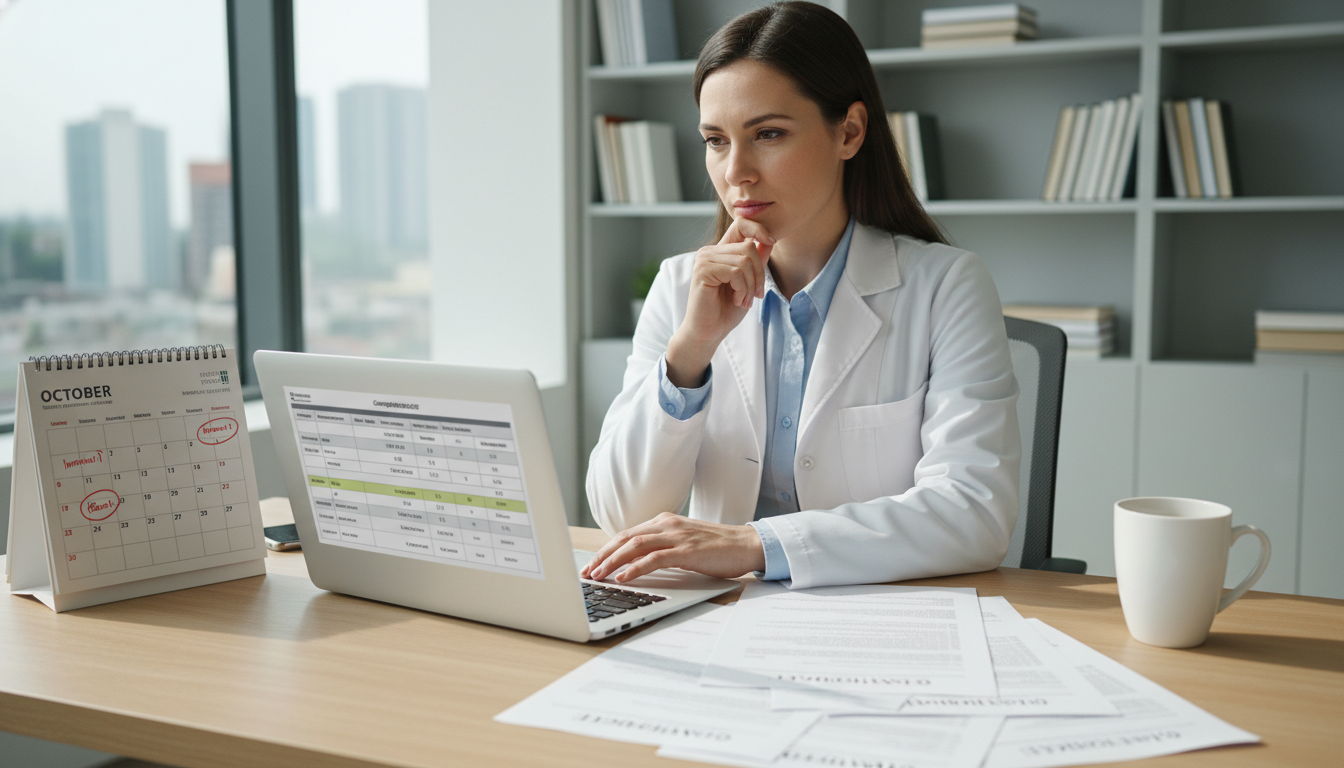 Psychiatry fellow evaluating multiple job offers at desk - psychiatry residency for Job Search Timing in Psychiatry: A Compre