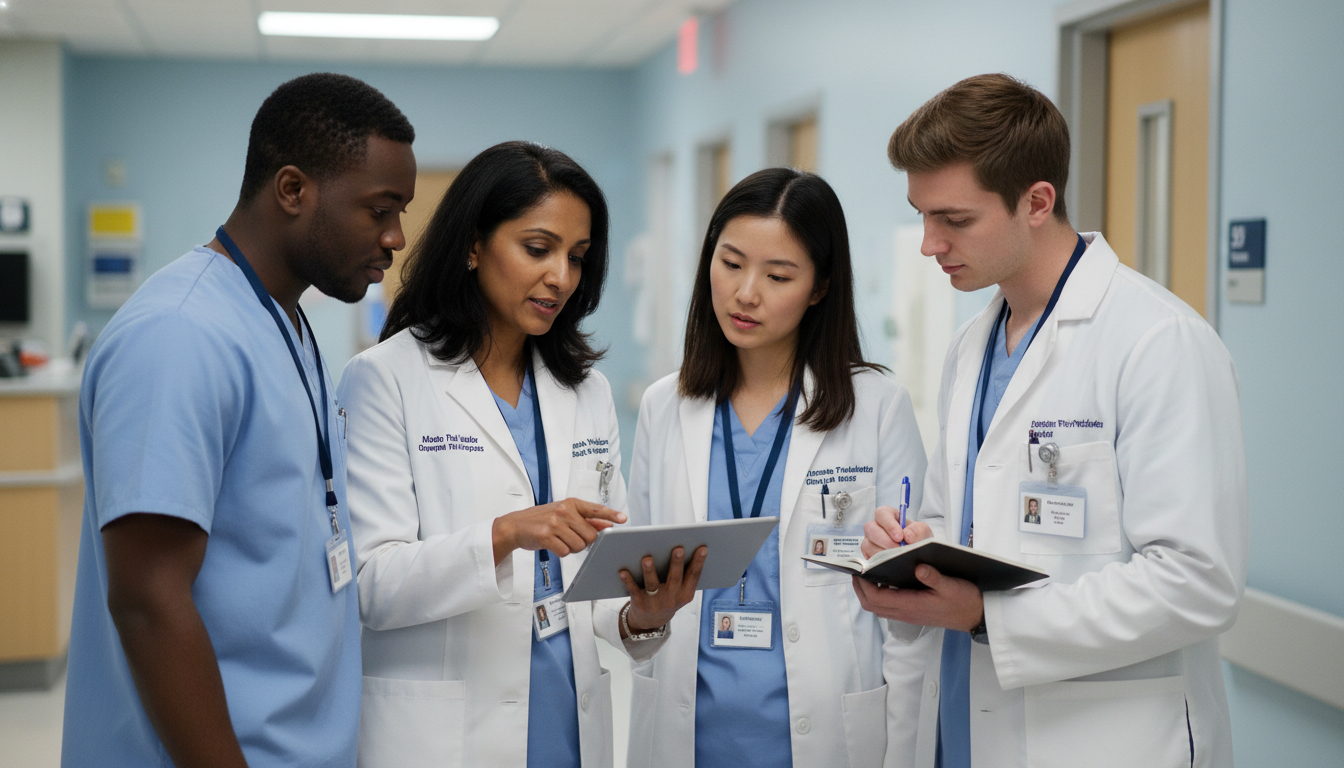 Inpatient psychiatric team with student during morning rounds Inpatient psychiatric team with student during morning rounds - psychiatry residency for Medical Shadowing Experience in Psyc