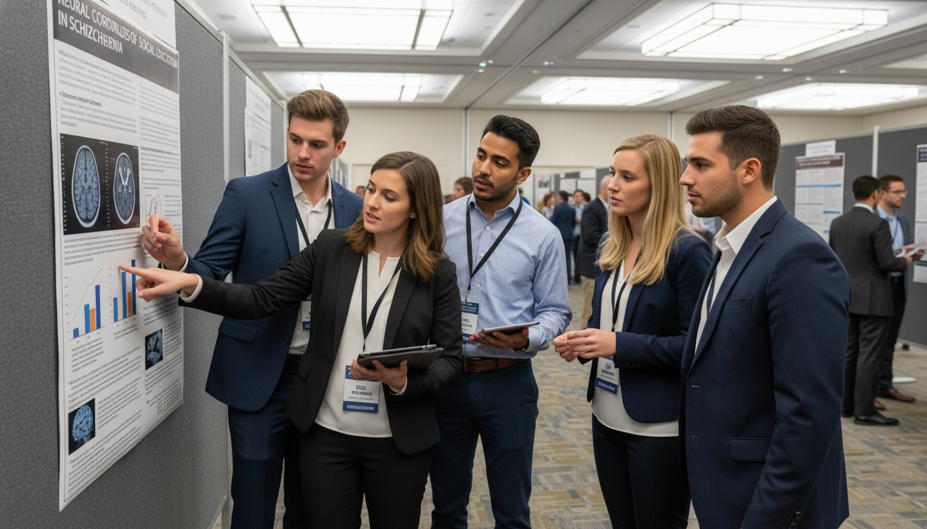 Psychiatry trainees networking at a professional conference Psychiatry trainees networking at a professional conference - psychiatry residency for Networking in Medicine in Psychiatry: