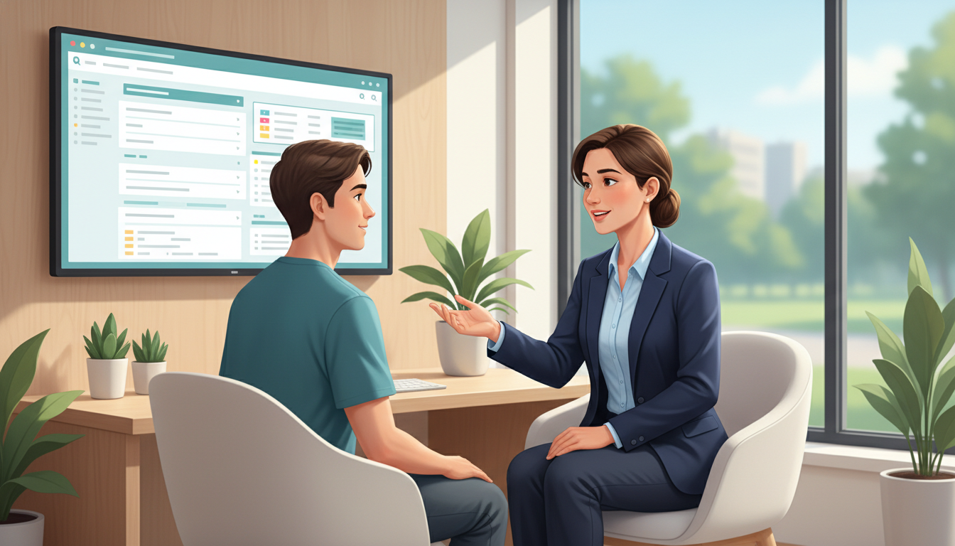 Psychiatrist discussing treatment plan with patient in outpatient clinic Psychiatrist discussing treatment plan with patient in outpatient clinic - psychiatry residency for Physician Salary by Speci