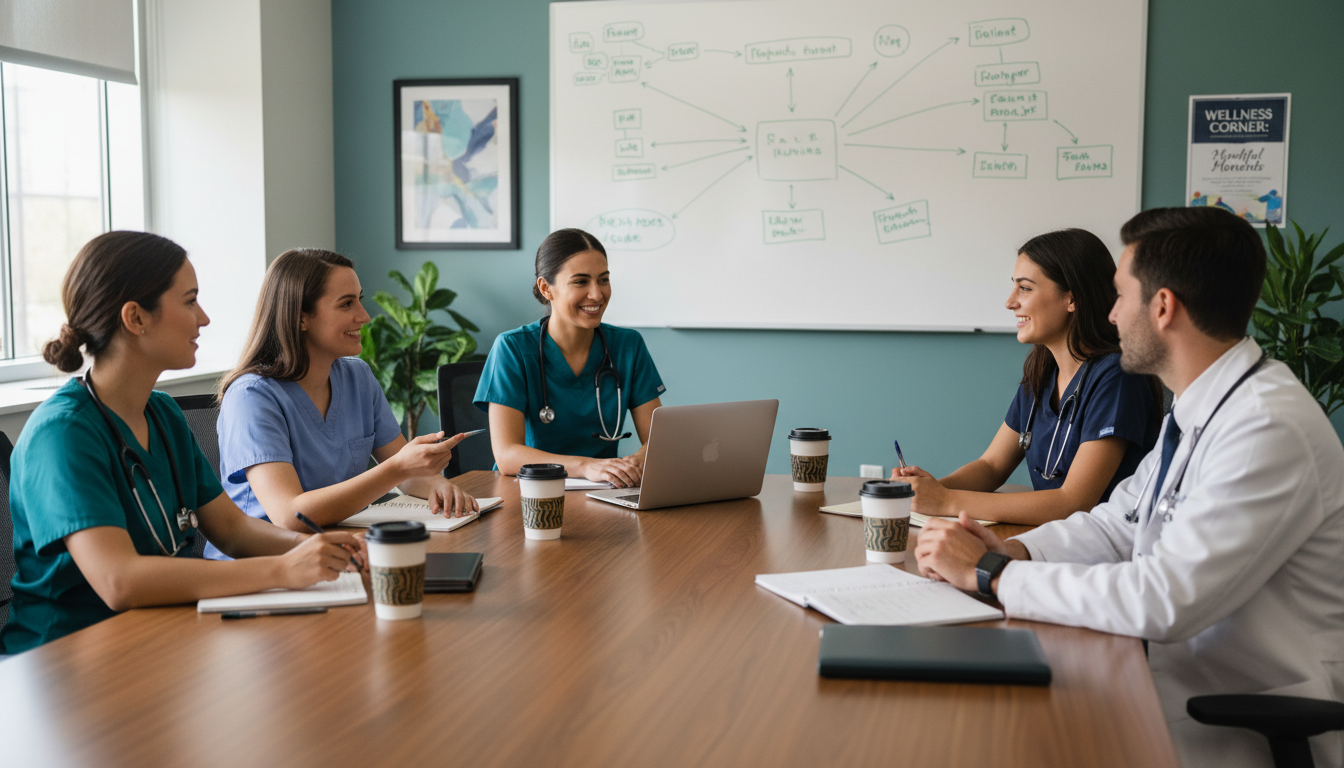 Psychiatry residents discussing cases and wellness in a team room Psychiatry residents discussing cases and wellness in a team room - psychiatry residency for Questions to Ask Programs in Psy