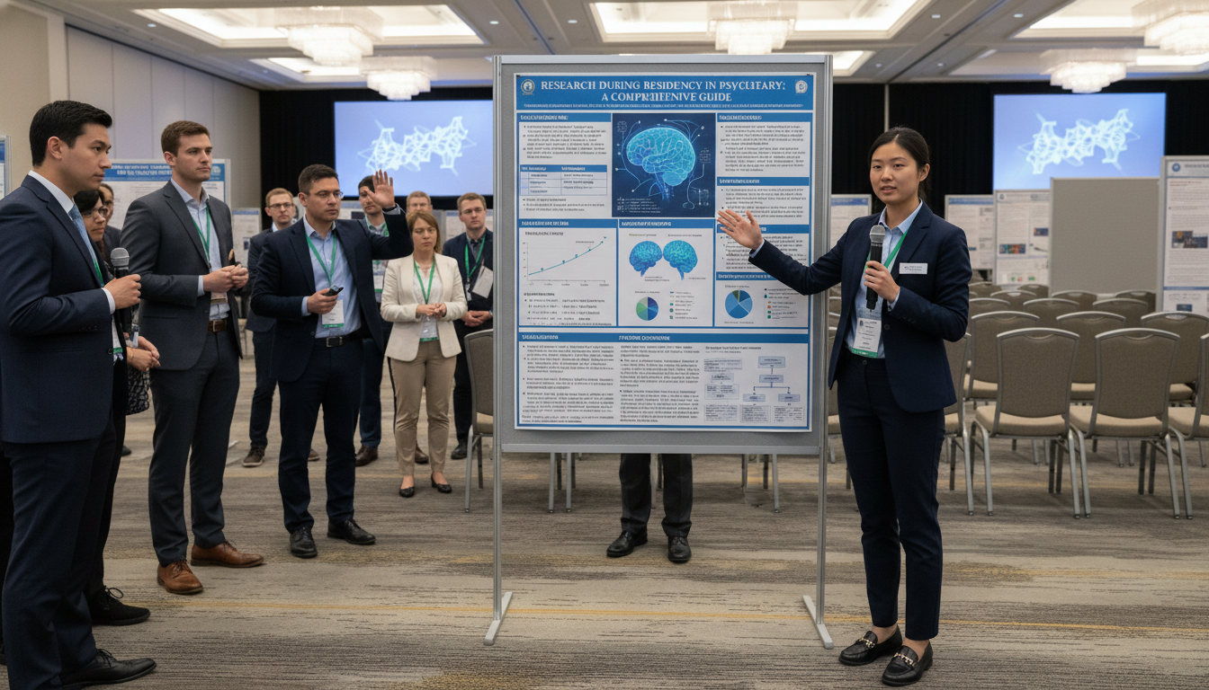 Psychiatry resident presenting a research poster at a medical conference - psychiatry residency for Research During Residency