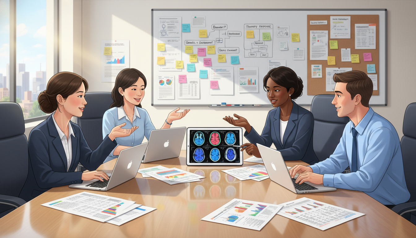 Psychiatry residents collaborating on a research project with data and laptops - psychiatry residency for Research During Res